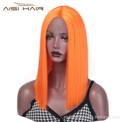 Aisi Hair Medium Long Orange Wig Cosplay Front Lace Wig Middle Part Straight Silky Synthetic Lace Frontal Hair Wigs For Women